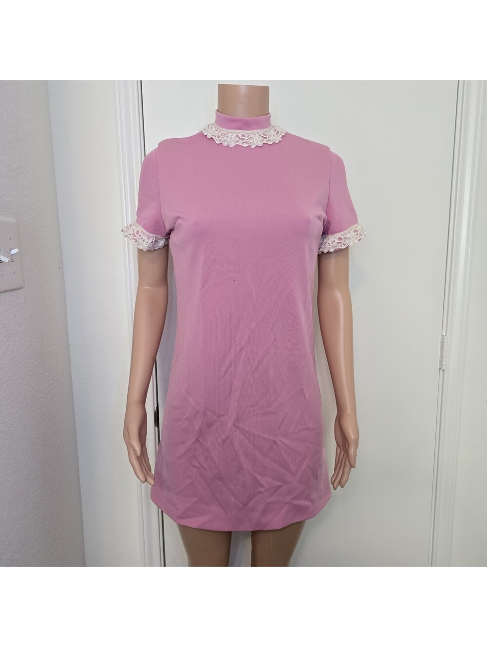 VTG 60s Mod Pastel Pink High Neck Dollcore Coquette Mini Dress Retro Feminine